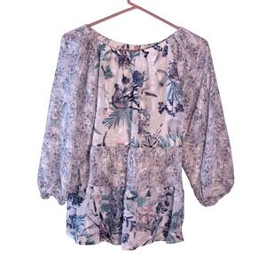 Cupio Womens Medium Sheer Smocked Top Purple Floral Blouse 3/4 Puff Sleeve
